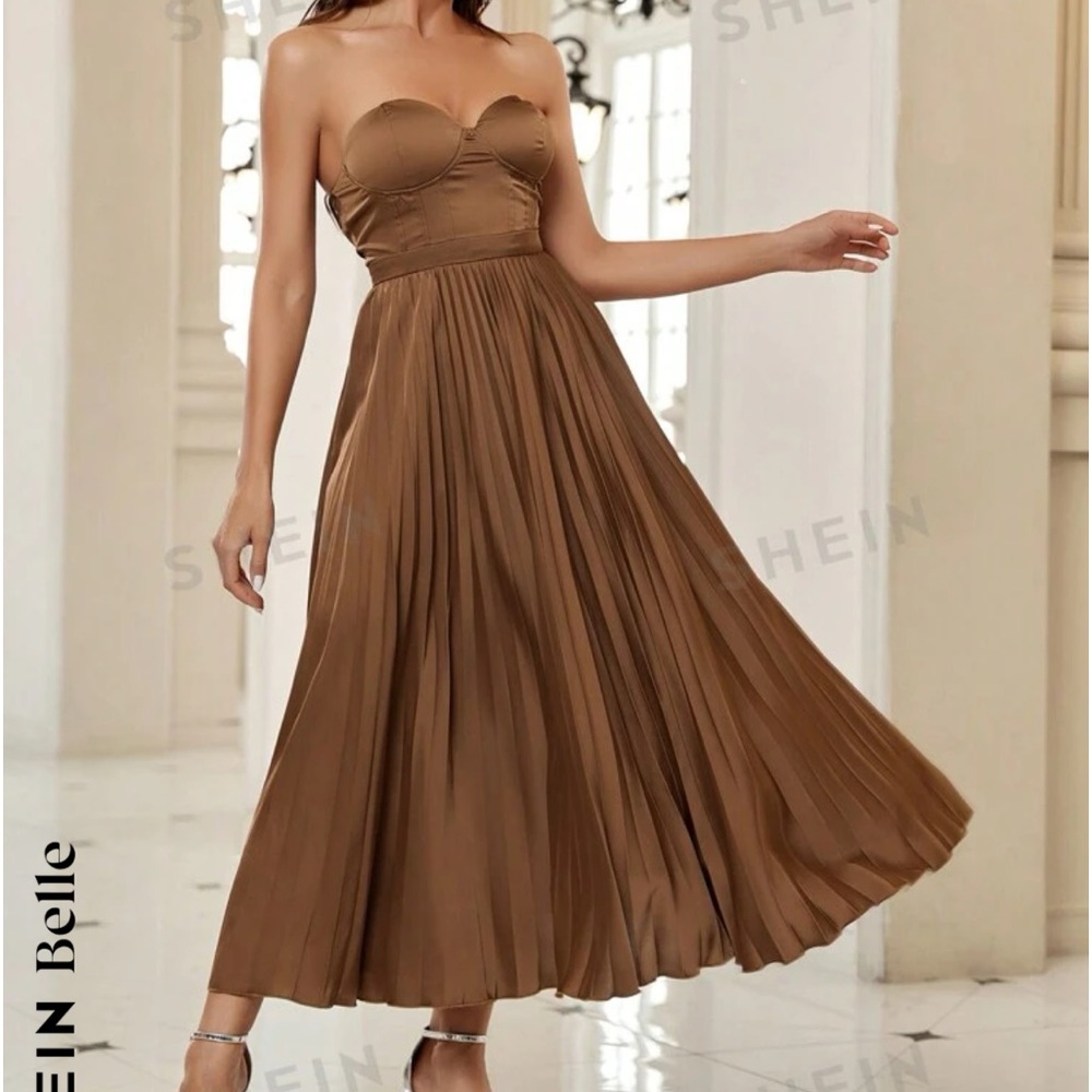 Brown strapless a line dress